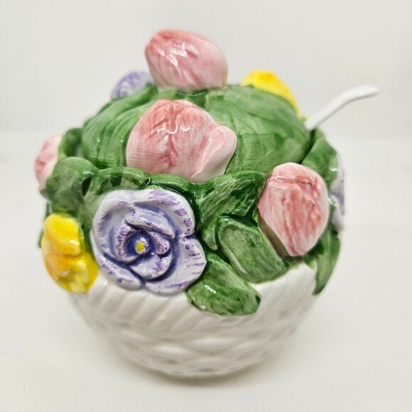 Otagiri Mary Ann Baker Hand Painted Spring Flowers Ceramic Sugar Bowl /Jelly Jar - Picture 1 of 7